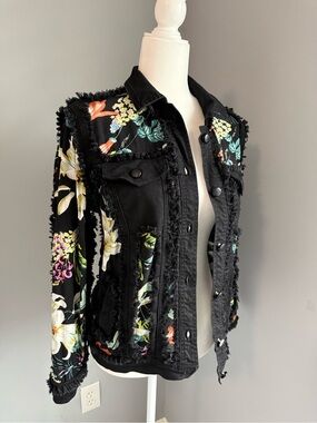 Adore Black Floral Fringe Jacket Vintage Button-up Boho Shabby Chic Sheer